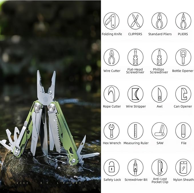 Multitools 19-in-1 Full-Size Lightweight EDC Multi-Purpose Pliers Nylon Bag Folding Knife Tactical Gear Tools Men Gift Ideas Equipment for Emergencies Hiking and Outdoor Camping (Green)
