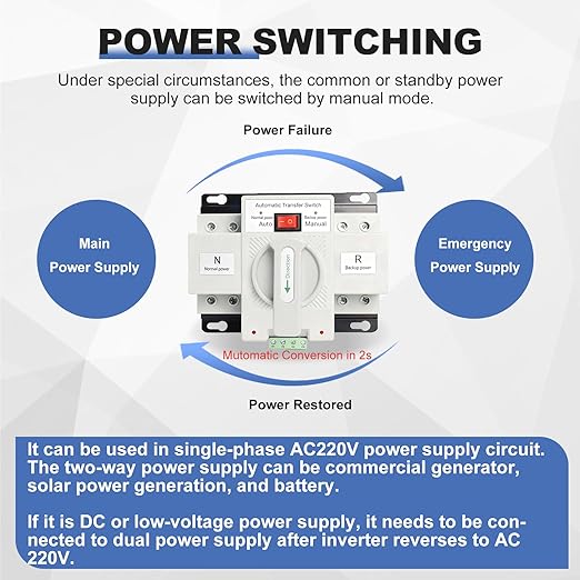 220V Automatic Transfer Switch Dual Power 2P 63A CE Certified ATS Generator Changeover Switch 50Hz/60Hz White