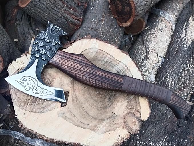 Handmade Viking Axe - Axe Real - Viking Blade of Wolf face Engraved Outdoor Functional Axe - Throwing Axe Hatchet Tomahawk Gift for Him Gift for Men