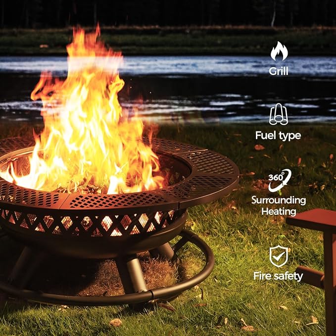 Panovue 42 Inch Outdoor Fire Pit with Grill Large Firepit Table for Outside Metal Round Firepits with Lid&ampFire Poker3 in 1 Wood Burning Fire Pits &amp Outdoor Fireplaces for BackyardPatio(42'