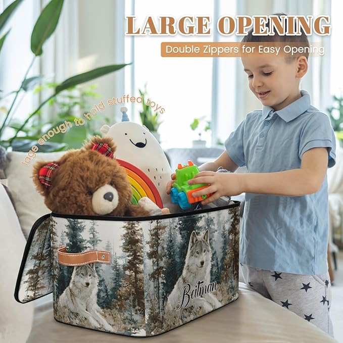 Storage-Bins with Lids Handle Customized Stackable-Storage-Bin for Kids-Boys-Girls-Toys Cube Collapsibl Basket Trees Wolf