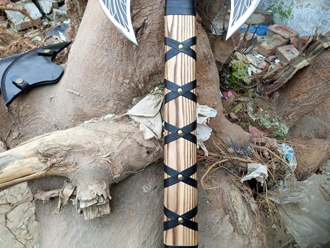 Hand-Forged Double Headed Viking Axe – 27 Odin's Carbon Steel Battle Hatchet with Leather Wrapped Wood Handle – Norse Style Throwing Axe for Camping Collecting Survival Gear or Gifts.
