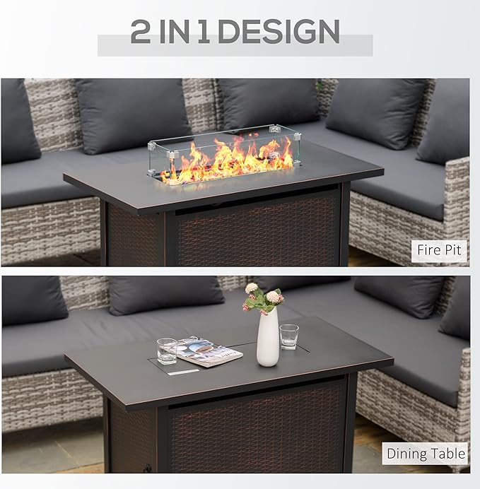 Outsunny 43 Inch Outdoor Propane Gas Fire Pit Table 50000 BTU Auto-Ignition Rectangular Wicker-Effect Gas Firepit with Glass Wind Guard Lid Glass Beads Steel Base CSA Certification Bronze