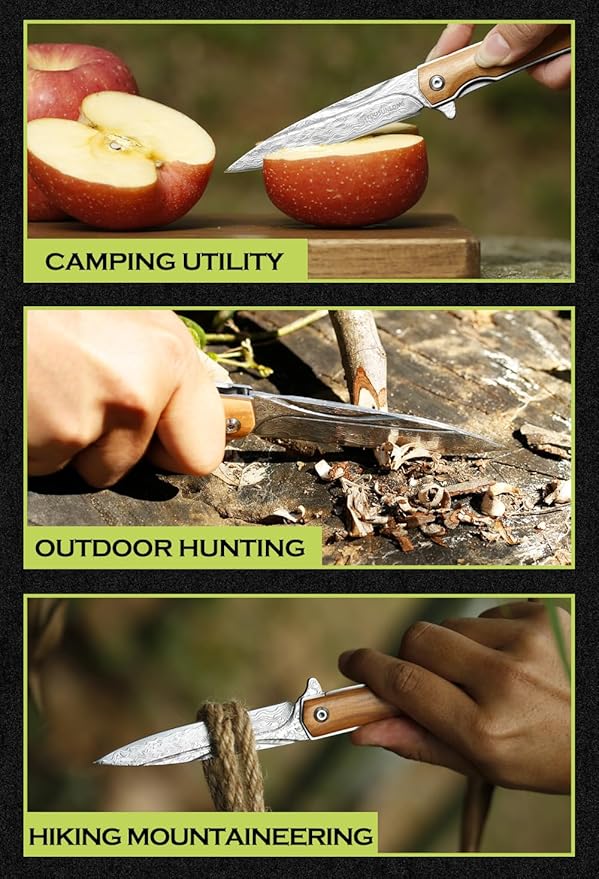 YOUSUNLONG Folding Knife Overall 215mm Camping Knife - Hammered Damascus Steel Blade - Natural Olive Wood Cover