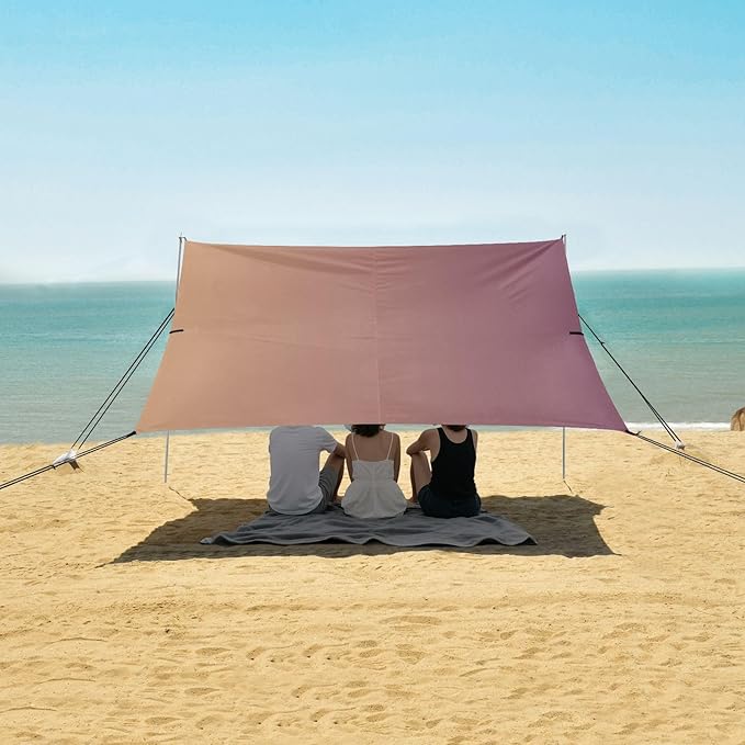 Brown Gradient Foldable Beach Cabana UPF50+ Waterproof Large Sun Shelter Includes Sand Shovel Sandbags Stability Poles for Camping Picnics Backyard &amp Fishing