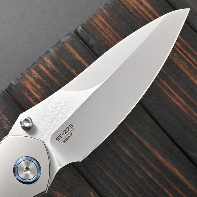 Sitivien ST273 Folding Knife S90V Steel Blade Titanium &amp Carbon Fiber Handle Knife with Pocket Clip for Outdoor Camping Hiking Survival Hunting (Green)
