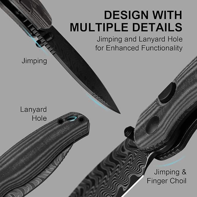 Kizer Phoca BD Pocket Knife 2.95 Drop Point Damascus Blade Folding Knives with Black Norplex UltreX™ Micarta Handle Thumb Stud EDC Knife for Men Women V3781BDA3