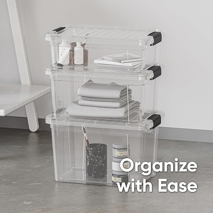 Superio Clear Storage Box with Lid 8.75 Quart Plastic Container Bins for Organizing Stackable Crates BPA Free Non Toxic Odor Free Organizers for Home Office School and Dorm 18 Pack