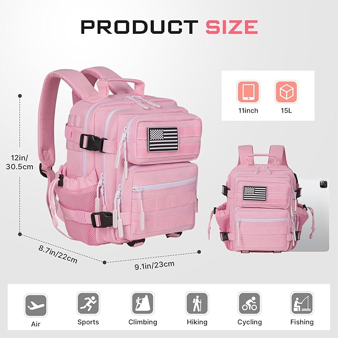 Boomistry 15L Mini Tactical Backpack Small Tactical Backpack for Women Military Backpack for Gym Hiking Daily (Pink-15L)