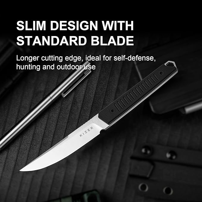 Kizer Kwaiken Fixed Blade Knife 3.94 Nitro-V Blade Hunting EDC Knife with Black G10 Handle Survival Knife with Adjustable Sheath for Hiking Camping Outdoor Knives 1066A4