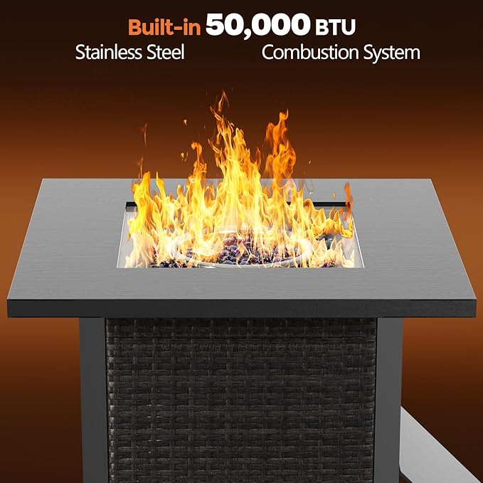 COWSAR 28 Rattan Square Propane Fire Pit Table 50000 BTU Outdoor Gas Fire Pit Includes Lid and Lava Rocks for Patio Deck Garden Warmth and Ambiance Black