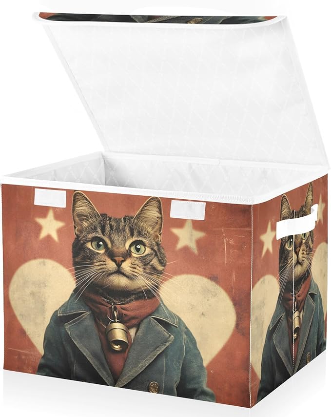 AIXIWAWA Lidded Storage Cube (Gentleman Cat) Fabric Foldable Closet Bins with Flip Lid and Handles Organizer Basket Container 16.5 x 12.6 x 11.8 IN