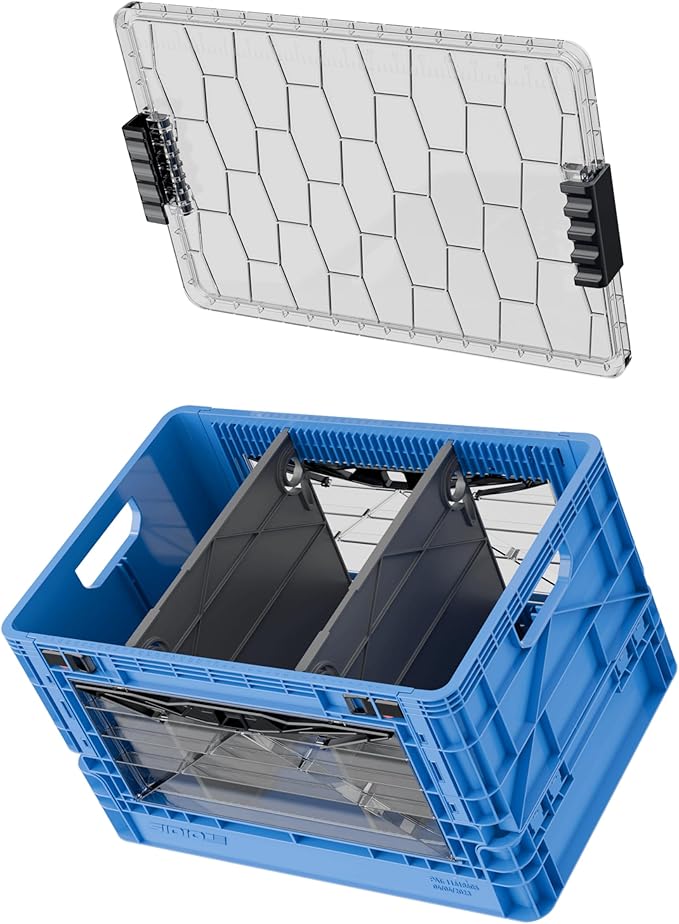 SIDIO Full-Size Collapsible Crate - Heavy Duty Stackable Storage Bin with Lid &amp 2 Short-Ways Dividers Durable Plastic Organizer for Home Office Garage &amp Outdoor Use (Sidio Blue)