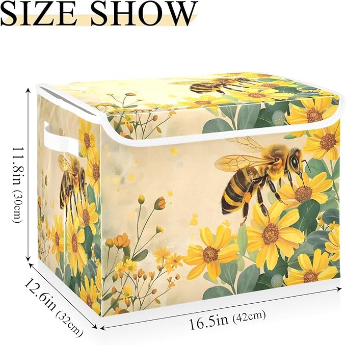 MNSRUU Containers Baskets with Lids Honey Bee Foldable Storage Bins Organizer with Lid Collapsible Storage Boxes for Home Bedroom Closet Office