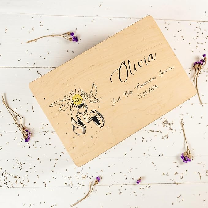 Creative Deco Personalized Wooden Storage Box Communion Cup Dove | 11.8 x 7.87 x 5.51 in (+-0.5) | Multiple Choice | Hinged Lid Handle Engraving | Unpainted Gift Box | UNSANDED Keepsake Souvenir Chest