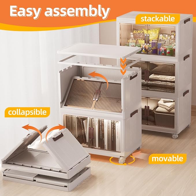 HALLYBEE Collapsible Storage Bins with Lid - 9 Gal 4 Pack Plastic Stackable Magnetic Closure Folding Storage Bins Organizer with Wheels