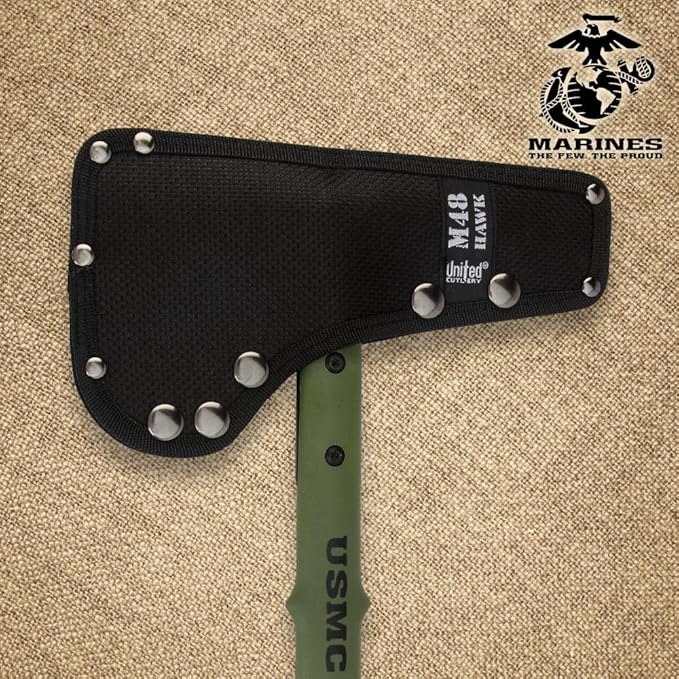 USMC Tactical Tomahawk | 2Cr13 Stainless Steel Head | 3 7/8 Blade and Curved Spike | Fiberglass and Nylon Reinforced Handle | Cord Handle Wrappings | Custom Blade Sheath | 15 1/2 Overall Length