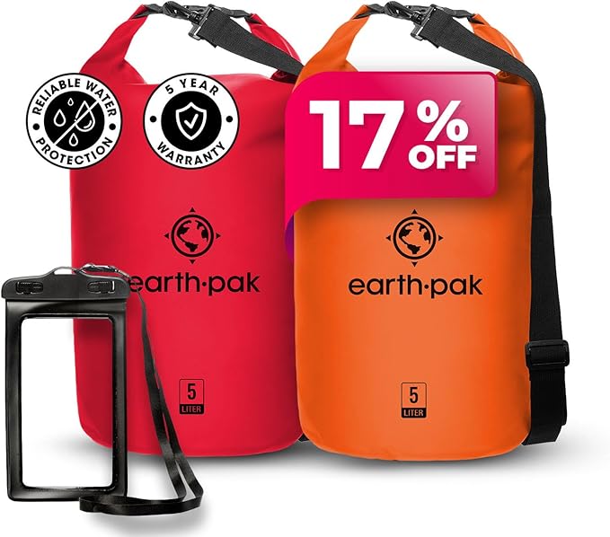 Earth Pak Waterproof Dry Bag - Roll Top Waterproof Backpack Red 5L &amp Orange 5L