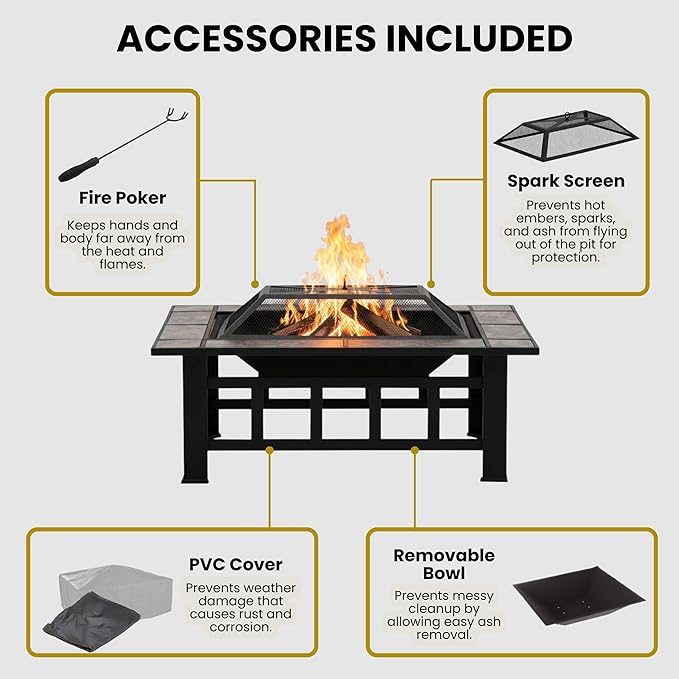 Fire Pit Set Wood Burning Pit -Includes Screen Cover and Log Poker- Great for Outdoor and Patio 37” Marble Tile Rectangular Firepit by Pure Garden