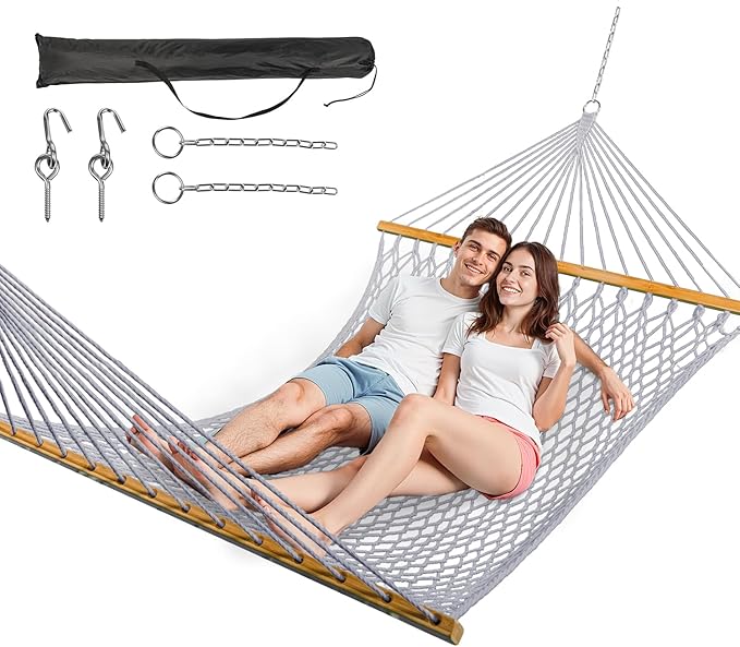 Double Hammock for 2 Person Handwoven Rope Hammock with Spreader Bar Without Stand - Indoor &amp Outdoor Use for Patio Poolside Backyard (Grey)