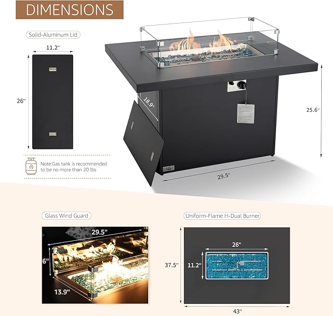NICESOUL 43'' Aluminum Fire Pit Table 60000 BTU Propane/Natural Gas Outdoor Firepit with Wind Guard &amp Glass Rocks All-Weather Rectangular Fireplace for Outside Patio CSA-Certified Ember Black