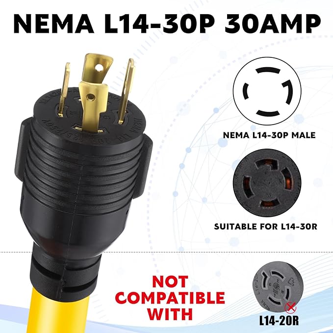 Tellegloww NEMA L14-30P to L6-30R Generator to Welder Adapter 25FT 30 Amp 4 Prong Male to 3 Prong Female Adapter Generator Welder EV Charger Power Cord 10 AWG STW ETL Listed