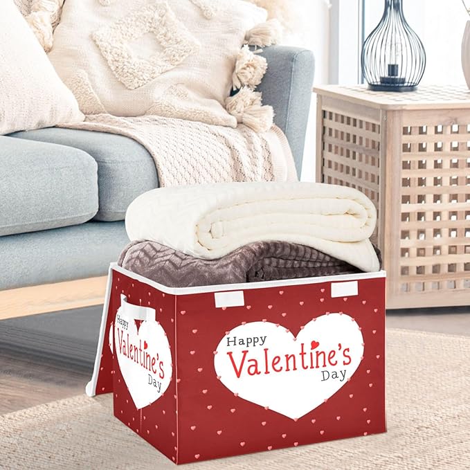 CaTaKu Large Fabric Storage Bins With LidsValentine's Day Hearts Storage Boxes With Handles for Organizing Clothes Collapsible Storage Cube Bins Baskets for Shelves