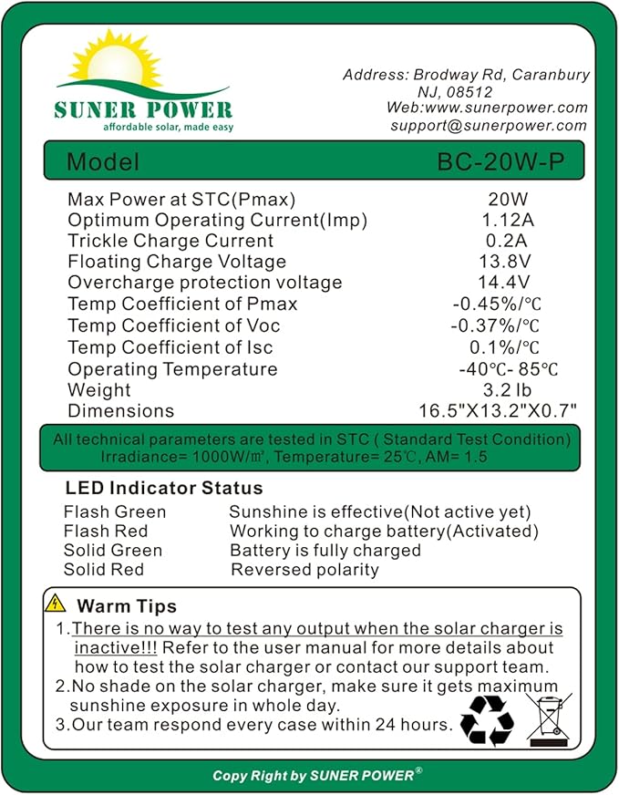 SUNER POWER 20W 12V Solar Battery Charger Maintainer Built-in Smart MPPT Charge Controller Adjustable Mount Bracket Waterproof 20 Watt Solar Panel Kits for Car Automotive Boat Marine RV Trailer