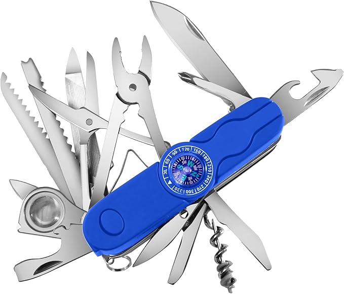 Swiss Eagle 30-in-1 Classic Pocket House Hold &amp Campaign Tool Premium Multi Tool Pocket Tool with Compass Scissor Screwdriver Plier Magnifying Glass Tweezer for Christmas Gifts - Blue