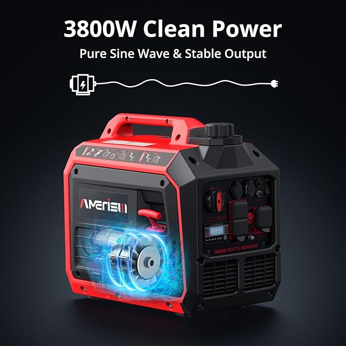 AMERISUN 3800W Portable Inverter Generator with CO Sensor Quiet and Lightweight Gas Generator for Camping Home Use RV Ready 30A Outlet EPA Compliant