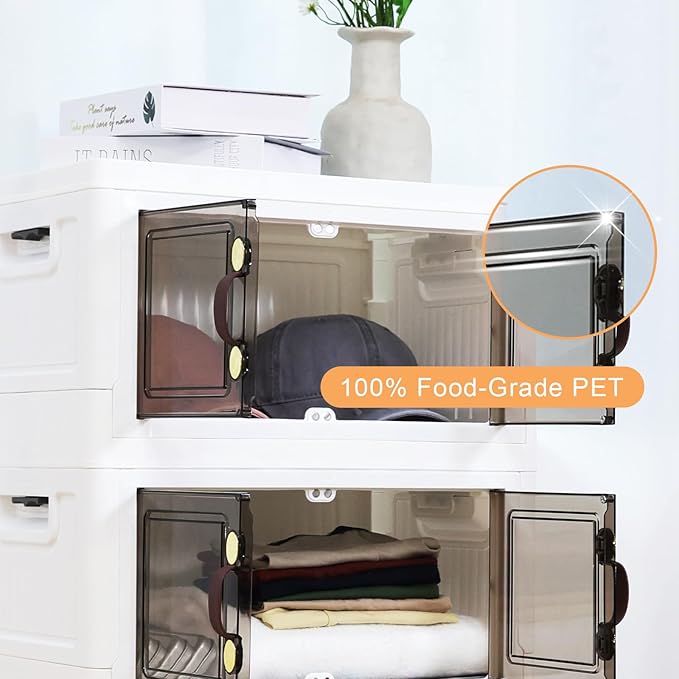 MOONEDGE 35QT Plastic Stackable Storage Bins with Lids Collapsible Organizer with Magnetic Doors &amp Hidden Locking Handles Storage Cabinet for Pet Closet Living Room Pantry &amp Office Organi