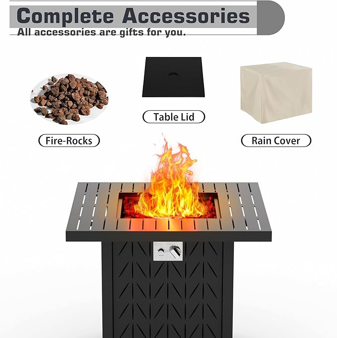 28'' Propane Fire Pit Table 2 in 1 Rectangular Outdoor Fireplace Outside Patio Deck and Garden Gas Fire Pit Table with Lid and Stone 50000 BTU Adjustable Flame