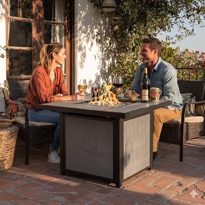 Grand Patio Outdoor Gas Fire Pit Table 32-Inch Square Propane Gas Fire Pit with CSA Safety Approval 50000 BTU Heat Sling Base Ceramic Tile Top and Lava Rock for Garden Backyard and Deck Parties