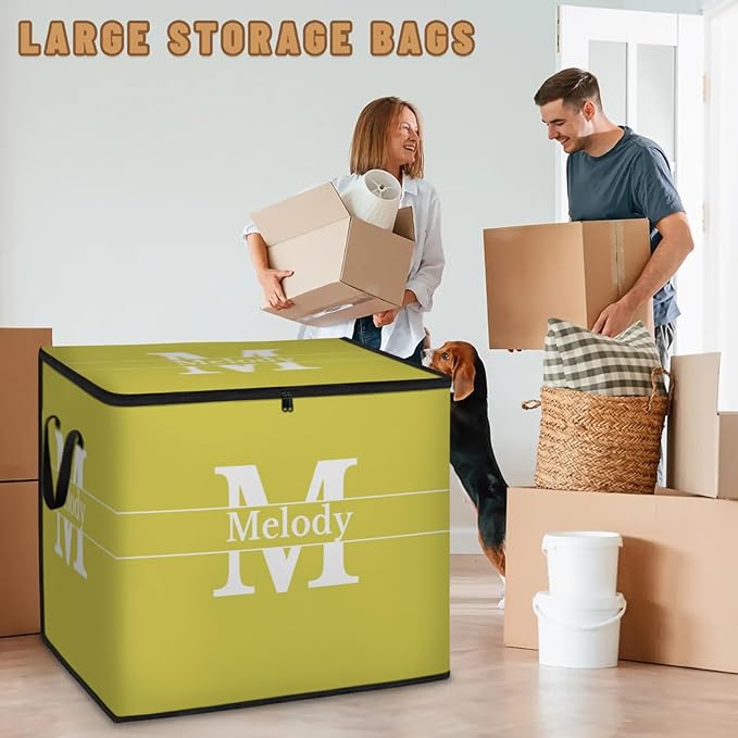 Custom Storage Baskets Cubes for Home with Name Initial Letter Large Foldable Organizer Collapsible Storage Bins for Home Blanket Comforters Clothes Closet Nursery Lemon Yellow