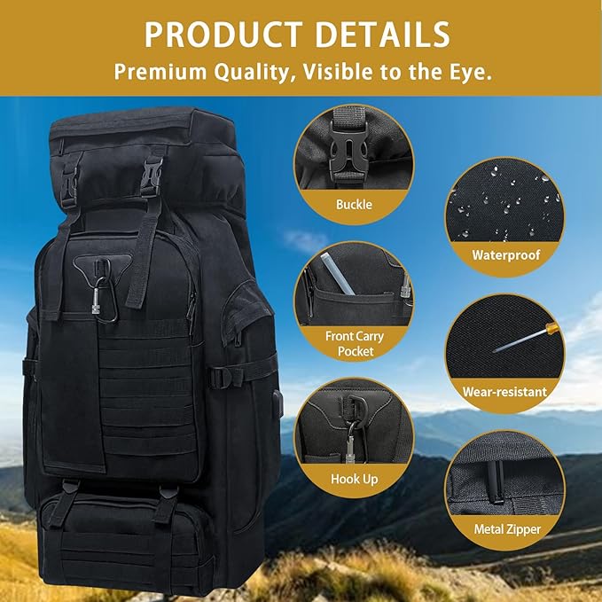 80L Camping Hiking Backpack Large Military Tactical Backpack with USB Charging Port Waterproof Travel Daypack With Carabiner Outdoor MOLLE Rucksack for Men Women (Black)