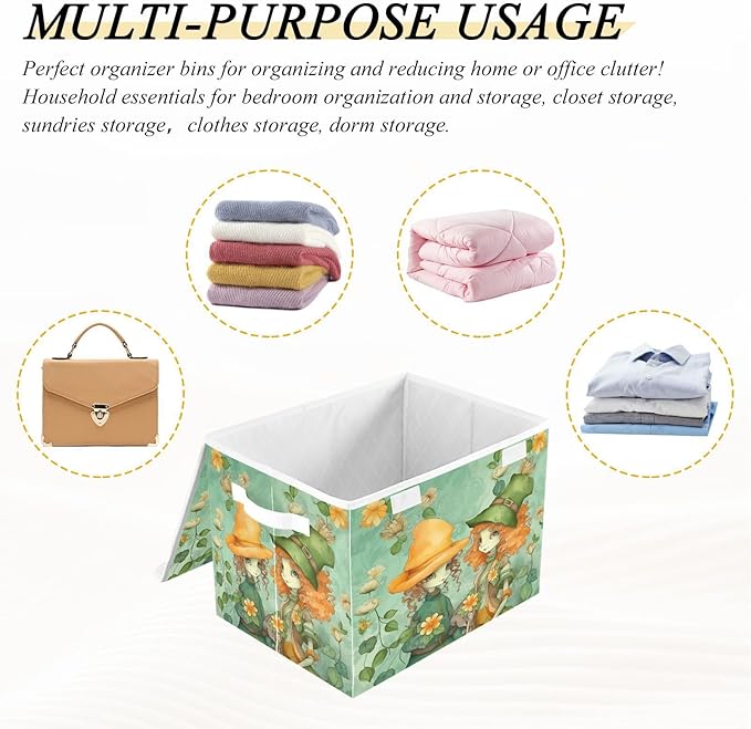 Christmas Storage Baskets with Lids Elf Girls in A Flower Field Collapsible Bins Stackable Fabric Linen Baskets Closet Organizer Container 16.5x12.6x11.8