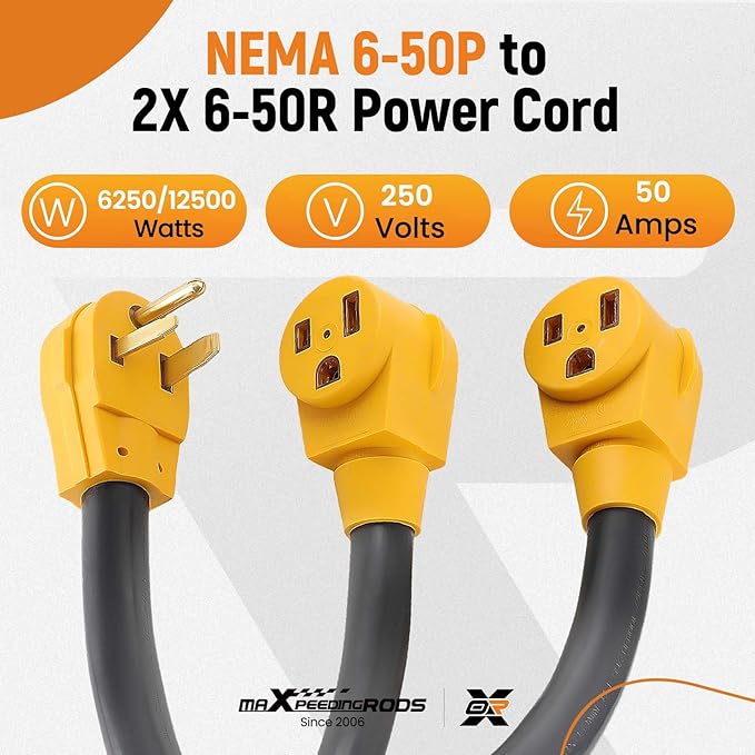 maXpeedingrods 50 Amp Y Splitter Adapter Cord 3 Prong NEMA 6-50P to 2 Outlet 6-50R Female Connectors 6 AWG 3 Feet 250 V Outdoor Extension Cord for EV RV