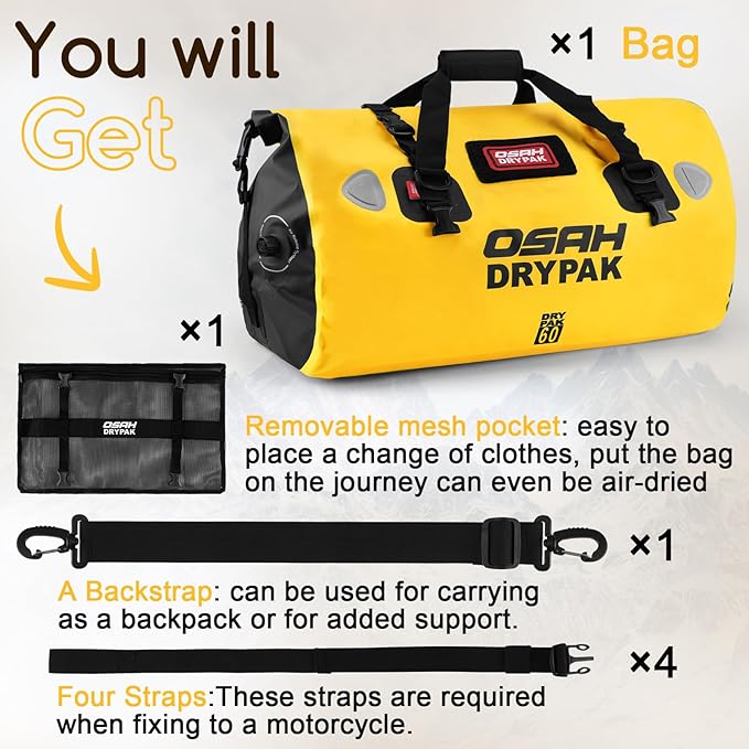 Waterproof Duffel Bag - Motorcycle Dry Bag Tail Bag with Large Storage Space Waterproof Luggage Duffle Bags with Outer Mesh Zipper Pocket for Camping Kayaking Fishing &amp Traveling