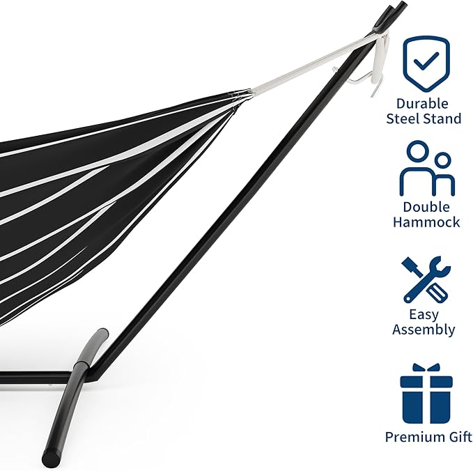 GAOMON Double Hammock with Steel Stand for Outside Portable Space Saving for Indoor Outdoor Patio w/Carrying Bag 450 lbs Capacity - Onyx Stripes