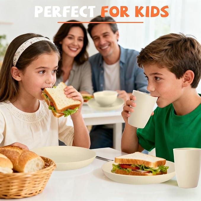 Kitchen Wheat Straw Dinnerware Sets for 4 Unbreakable Kids Dish Set 20 PCS - Dinner Plate/Cereal Bowl/Cup/Fork/Spoon for Outdoor Camping RV Apartment Essentials - Beige