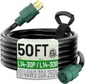 POWGRN 50 FT 30 Amp Generator Extension Cord 4 Prong Heavy Duty NEMA L14-30P to NEMA L14-30R 125/250V 7500W Green 10 Gauge STW Twist Locking House Power Cord 50 Feet Generator Cable