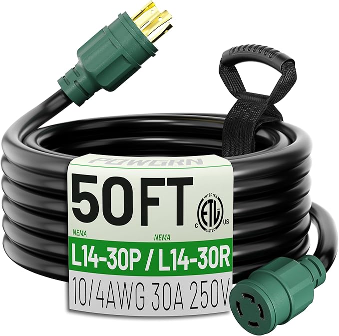 POWGRN 50 FT 30 Amp Generator Extension Cord 4 Prong Heavy Duty NEMA L14-30P to NEMA L14-30R 125/250V 7500W Green 10 Gauge STW Twist Locking House Power Cord 50 Feet Generator Cable