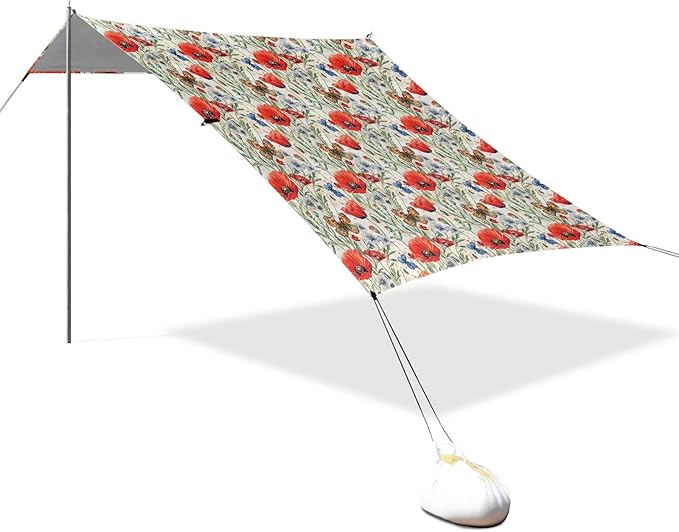 ALAZA Red Poppy Flowers Butterfly Beach Tent Sun Shelter UPF50+ Protection Beach Shade Canopy w/ 4 Sandbags for Outdoor Camping Fishing Backyard Fun Picnic 10x9 ft