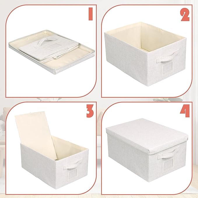 Large 17''x12'' Quart Collapsible Stackable Storage Bins with Lids 2 Packs Off White Fabric Closet Boxes with Lids Storage Cube Baskets Container Organizers for Bedroom Office(17''x12.2x''8'')