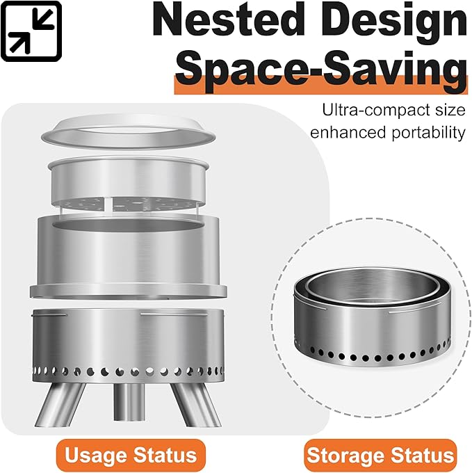 Smokeless Fire Pit with Waterproof Bag 15 Inch Stainless Steel Fire Pits for Outside Wood Burning Smokeless Firepit Outdoor Bonfire Removable Ash Pan Portable for Camping Backyard