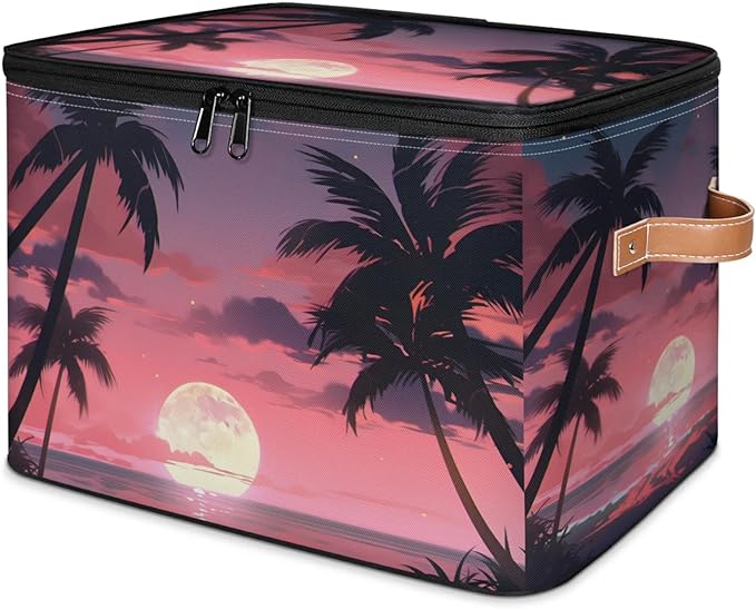 Storage Bins with Lids Palm Tree Beach Storage Basket Clothes Organizer with Handles Closet Storage Containers for Clothing Bedding Blanket