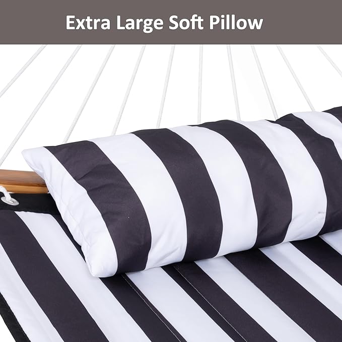 SUNCREAT Hammocks Extra Large Hammock with Stand Included Double Hammock with Curved Spreader Bar Black Stripes