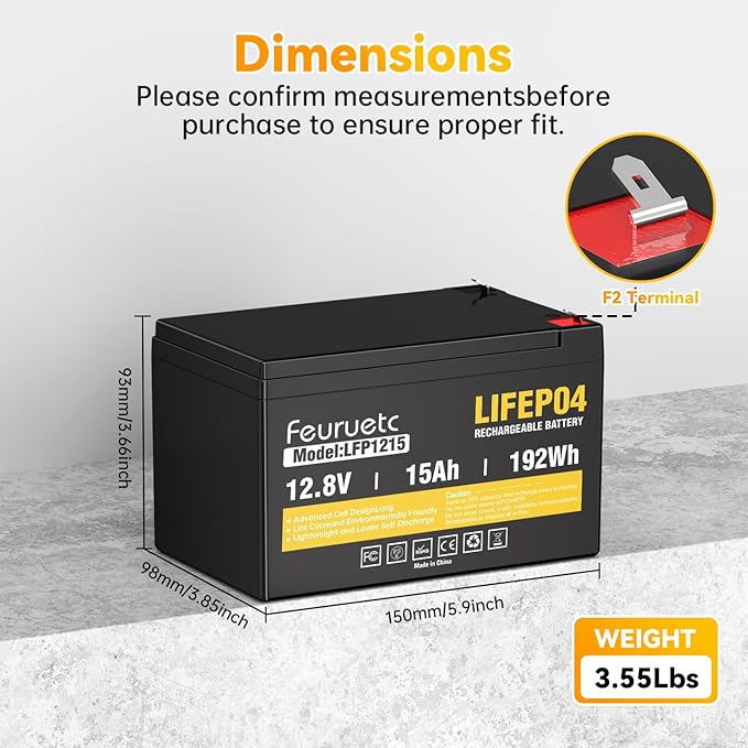 12V 15Ah Deep Cycle LiFePO4 Battery 3000+ Cycles Maintenance-Free Battery for Fish Finder Scooter Security System Solar System UPS etc Rechargeable Lithium Iron Phosphate