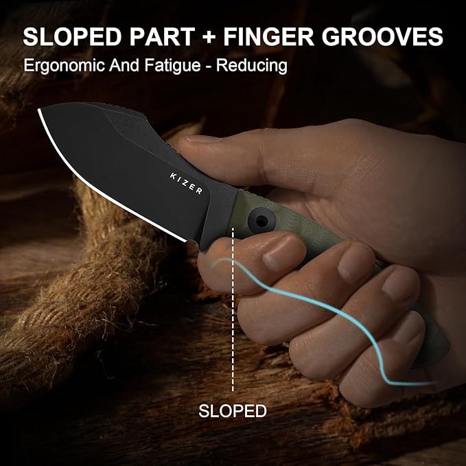 Kizer Rook Fixed Blade Knife 3.11 Nessmuk-style D2 Blade Hunting Knives with Olive Green G10 Handle Bushcraft Knife with Sheath &amp TekLok for Camping Hunting Survival 1090M1