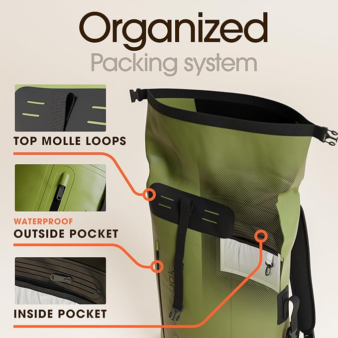 Earth Pak Waterproof Backpack - Heavy Duty Roll-Top Closure with Easy Access Front-Zippered Pocket and Cushioned Padded Back Panel for Comfort with IPX8 Waterproof Phone Case